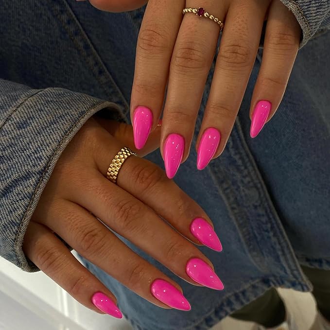 Hot Pink Press on Almond Shaped Medium Nails - Neutral Acrylic Reusable Fake Nails for Women Girls - Glue on Medium Length Stiletto False Soft Gel Artificial Nails