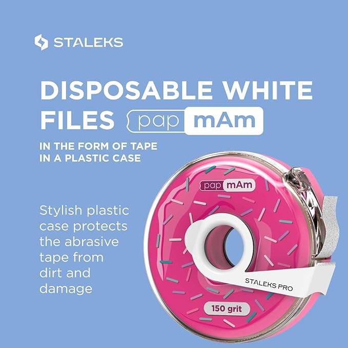 Staleks Pro Disposable White Abrasive Tape papmAm Expert – 150 Grit – 7m Roll in Plastic Case – Glueless Replaceable Abrasive – Professional Nail Filing – Manicure & Pedicure