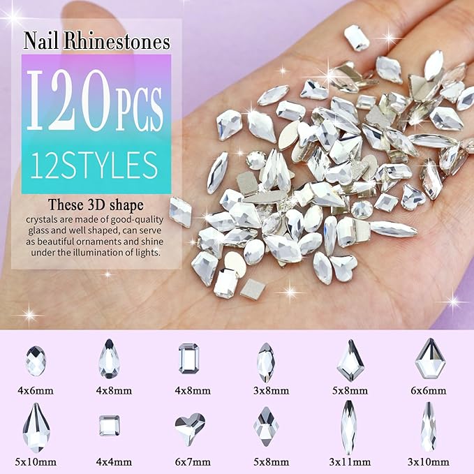 Dowarm 3200PCS Nail Art Rhinestones, Crystal Clear Flatback Rhinestones for Nails, Crafts, 12 Styles 3D Glass Crystal Nail Gems, White Diamond Stones