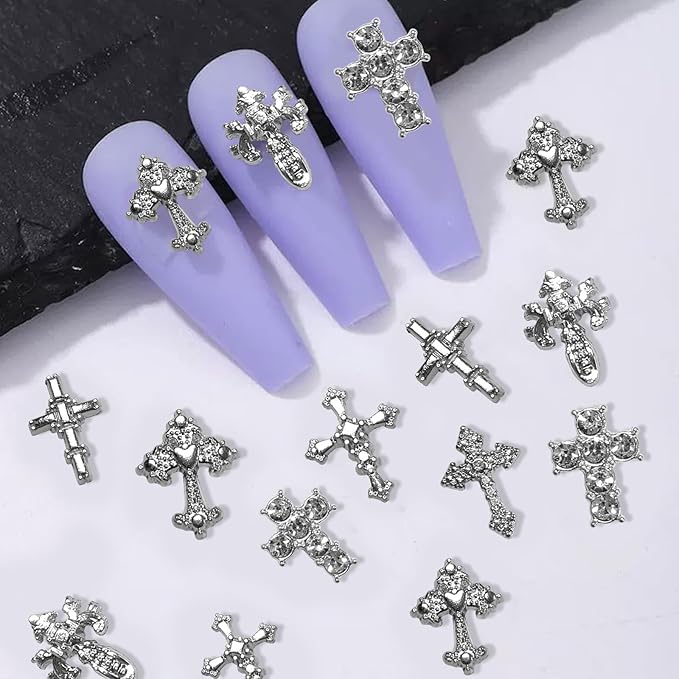 3D Alloy Metal Crystal Cross Nail Charms - 60 Pcs Ideal for Women and Girls' DIY Punk Nail Art, with Rhinestones, Great for Salons & Fashion Events (60, Silvery)