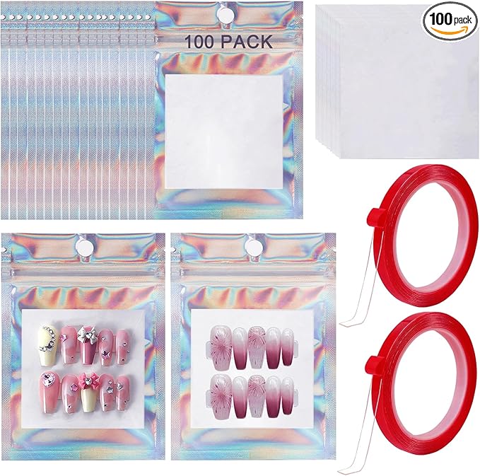 100 PCS Press on Nail Packaging Bag for False Nail Tips Holographic Press On Nail Storage Bag 100 PCS White Card with 2 Roll Transparent Tape for Nail Display Fake Nail Storage Organizer Nail Supplies
