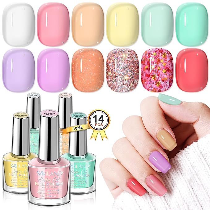 SAVILAND Nail Polish Set Quick-Dry: Summer Jelly Pastel Pink Nail Polish Kit Base-Top Coat 0.34 oz Macarons Candy Transparent Nudes Bluk Polish Non Gel for Finger Toe French DIY Set Women Home