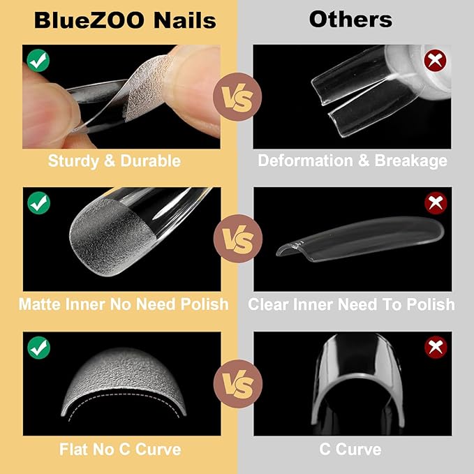 BlueZOO Gel Long Nail Tips Pre-etching Almond Coffin Oval Clear Press On Nails, Salon Quality 3 Styles 360Pcs Half Matte Full Cover Acrylic False Nails Extension DIY Manicure Beginner & Professional
