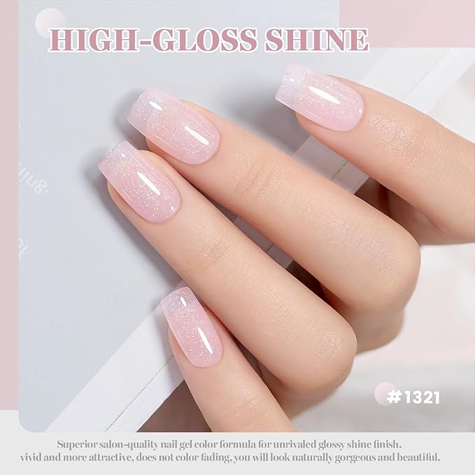 RARJSM Nude Pale Pink Rainbow Glitter Rubber Base Coat Gel Nail Polish Natural Skin Tone Iridescent Shimmer Brush on Extend Jelly Gelpolish Soak Off Curing Requires 15ml Salon Home French Manicure