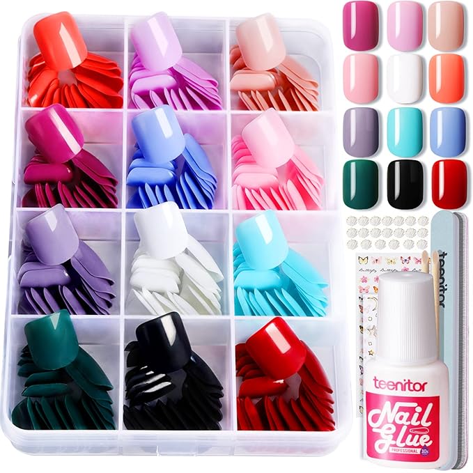Teenitor Square Press On Nails - 288pcs, 12 Colors, Short, Glue On, False Nails for Wide Nail Bed