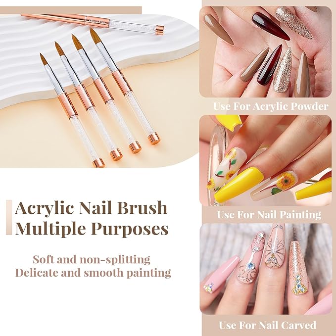 3PCS Kolinsky Hair Acrylic Nail Brush Set, Size 6/10/12, Oval Crimped Pressed Shaped, Golden Metal Handle, Professional Manicure for DIY Home Salon