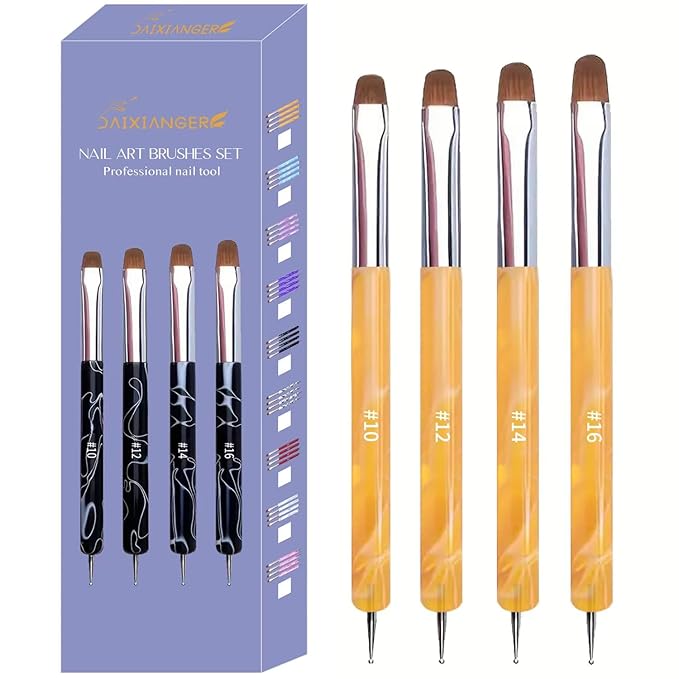 4Pcs French Tip Brush, Double-Ended French Brushes for Nails with Dotting Tool, Clean Up Brush for Gel Nail Polish, Size 10/12/14/16, Acrylic Nail Art Brushes, Manicure Tools for Nail Design-Yellow