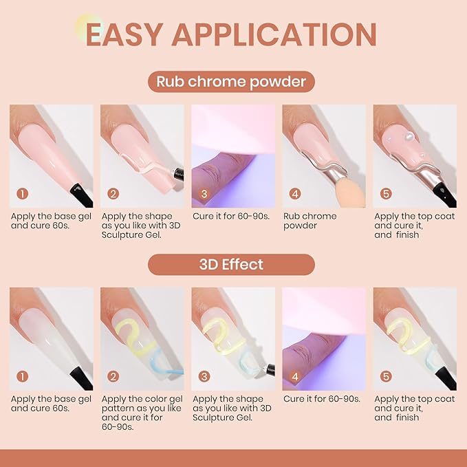 MIZHSE 3D Gel Nail Art, 2 Pcs 15g Clear Sculpting Gel Glue for Molding, Drawing, Charms & Gems, Chrome Powder, Rhinestone Design, No Wipe Nail Polish for DIY Nail Art