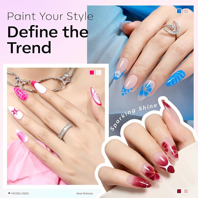 Modelones Gel Nail Polish Set -6 Colors 2026 Easter Hot Pink Blue Milky White Clear Blooming Gel Polish Burgundy Nude French Jelly Nail Gel Polish DIY Gift with Golden Beads & Nail Dotting-Liner Brush