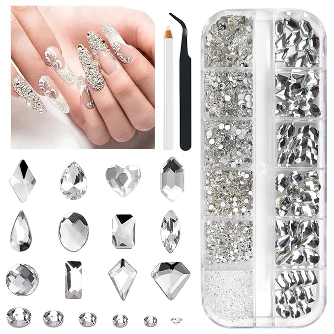 2052 Crystal White Nail Art Rhinestones Silver Clear Nail Charms 72 Multi Shapes Flatback Stones Big Gems +1980 Round Beads K9 Glass Diamonds Crystals Jewels for Nails Face Eyes Makeup Crafts