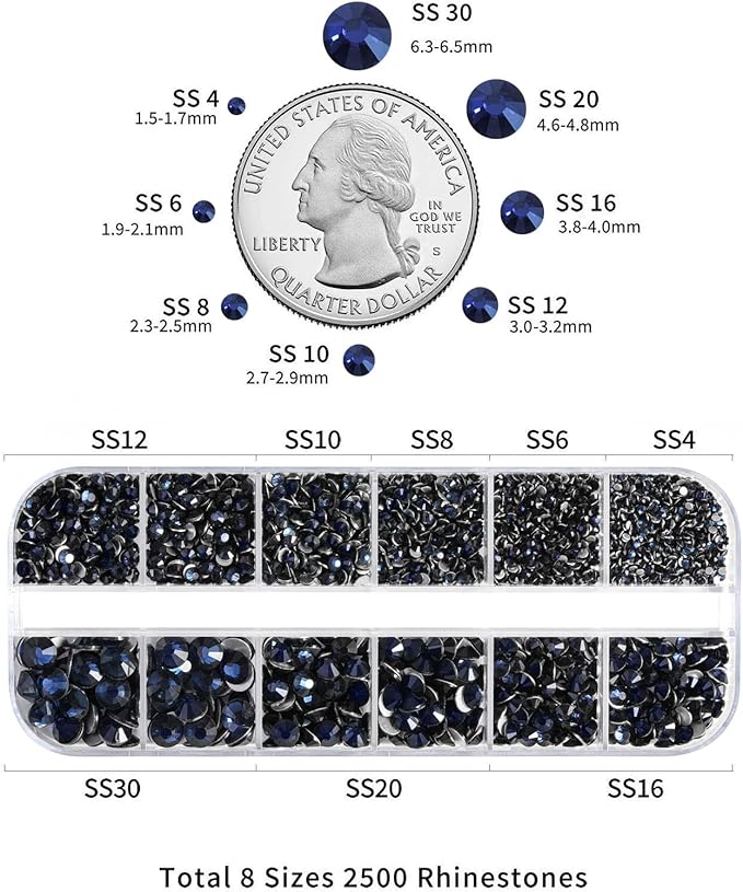 Beadsland Rhinestones for Makeup,8 sizes 2500pcs Navy Blue Flatback Rhinestones Eye Gems for Nails Crafts with Tweezers and Wax Pencil,Montana,SS4-SS30