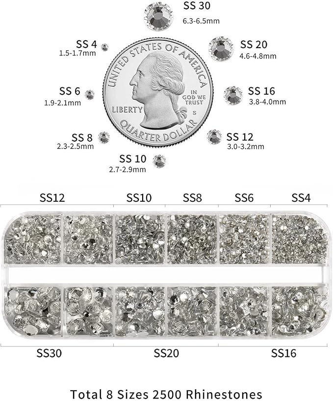 Beadsland Rhinestones for Makeup,8 Sizes 2500pcs Crystal Flatback Rhinestones Face Gems for Nails Crafts with Tweezers and Wax Pencil,Clear,SS4-SS30