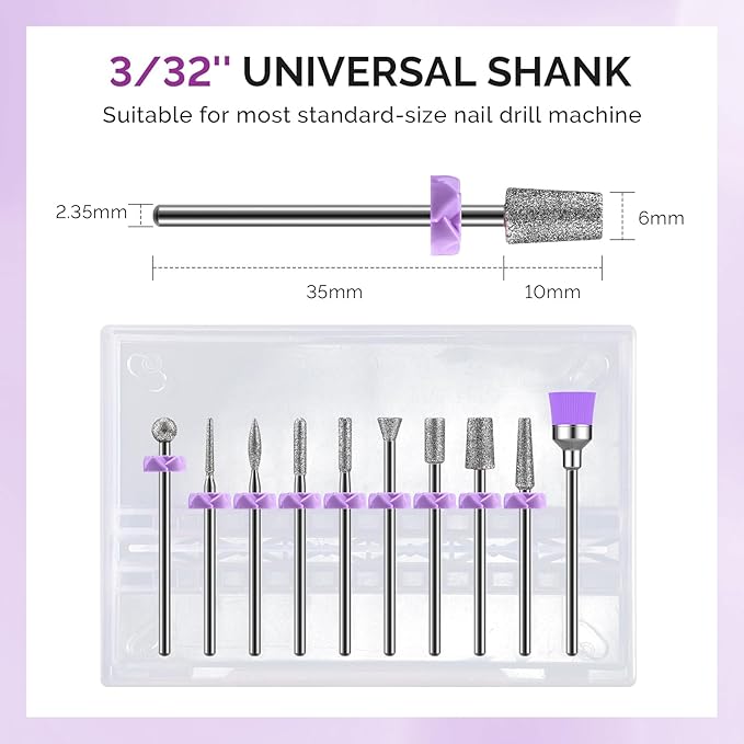 MelodySusie Nail Drill Bits, 10Pcs Diamond Sanding Bit Set with 40pcs Sanding Bands (#120#180#240 Grits) with 6.65mm Mandrel Bit, Nail Gel Polish Remover Tool for Acrylic Nails Manicure Nail Prep