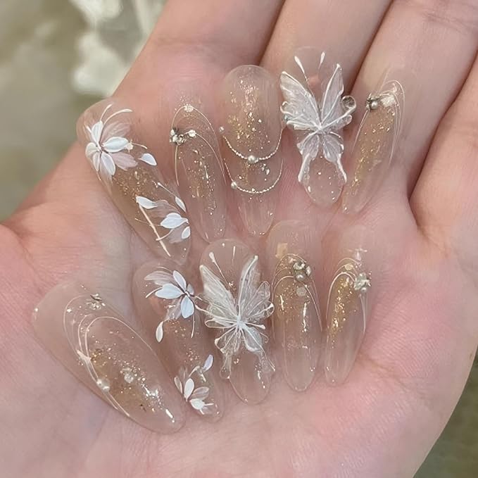 Winter 3D Butterfly Press on Nails Long Almond False Nails Press Ons Christmas White Floral Design Fake Nails Butterfly Stick on Nail Full Cover Acrylic Artificial Nails Gift for Women 24pcs