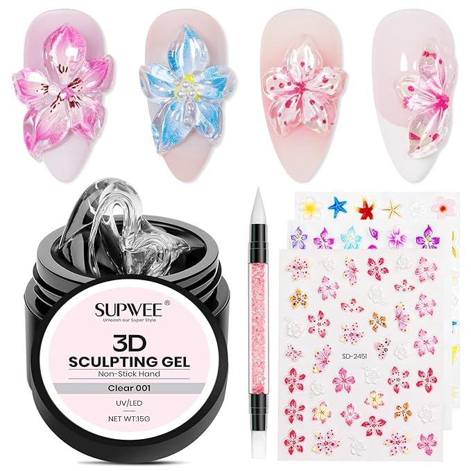 3D Nail Sculpting Gel, Clear Molding Gel for Nail Art Non-Sticky for Extension Carving with Nail Stickers & Silicone Pen Suitable for DIY Manicure Home