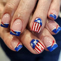 4th of July Press on Nails Medium Square MABKJLF Blue French Tip Fake Nails Stars False Nails with Stripes Glitter Designs Glossy Glue on Nails Acrylic Nails for Women Girls 24 Pcs