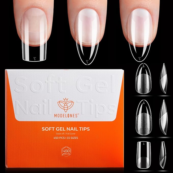 Modelones Medium & Short Almond & Short Square nail tips - Multi-type 3 Styles Set Gel Tips Half Matte Full Cover Clear Acrylic Gel Kit Fake Nails for Extension DIY Salon 450Pcs 15Sizes