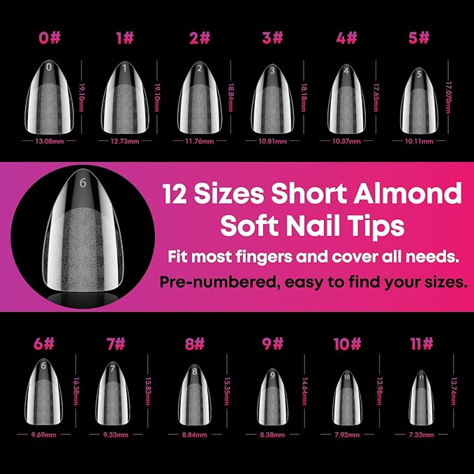 Almond Soft Gel Nail Tips, 240Pcs Pre Etched Clear Fake Nails Short Almond Shape, 12 Sizes Half Matte Full Cover Acrylic Press on Flase Tip Nail for Extension Nail Manicure Home DIY with Box