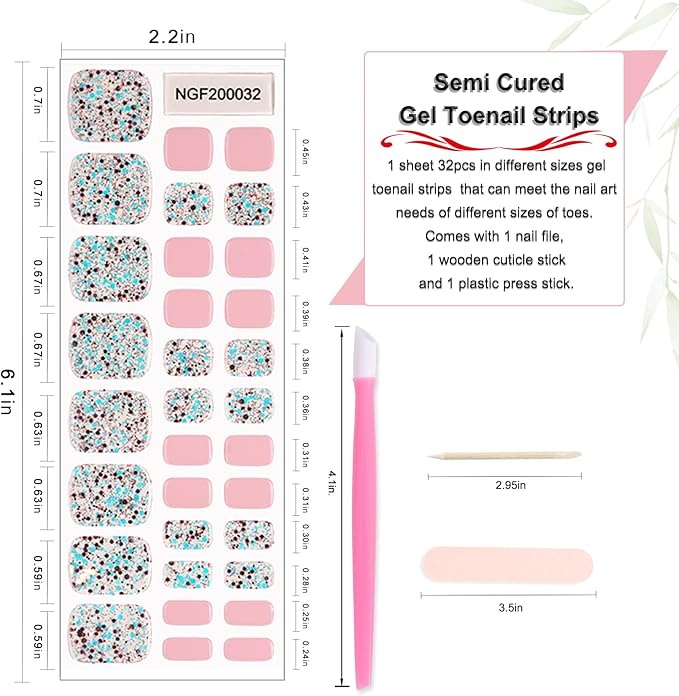 WOKOTO Semi Cured Gel Nail Strips For Toenails, 16 Size 32 Tips Pink & Iridescent Glitter design Toe Nail Polish Strips With Nail File & Wooden Stick, Works With Lamps, Salon-Quality, Long Lasting
