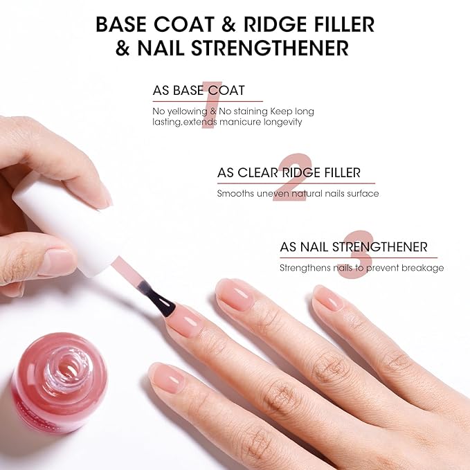 GELLEN Clear Nail Polish Ridge Filling Base Coat, Sheer Red Tint Ridge Filler For Nails, Fortify Nourish Condition Damaged Dry Finger Nails | Shea Butter, Vitamin E, Protein | Toxin HEMA & TPO Free