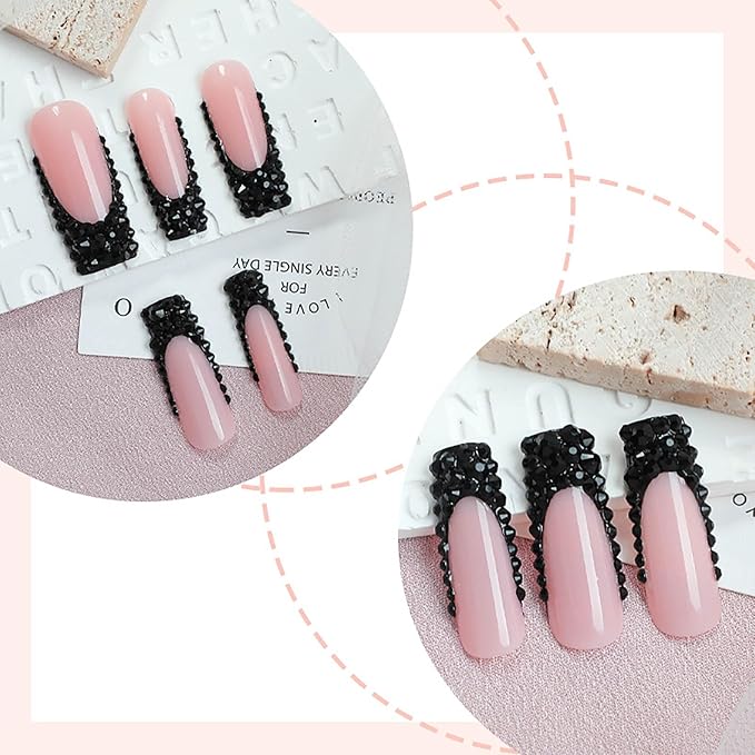 Long Press on Nails Square Black French Tip Fake Nails Rhinestones Full Cover Nails Press ons Stick on Nails with Designs Glue on Nails Glossy Artificial Nails for Women Manicure 24Pcs