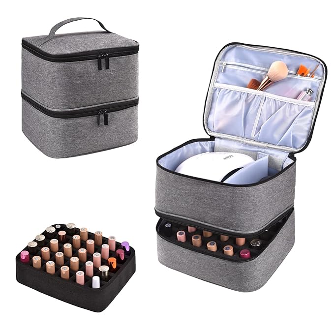 Upgraded Nail Polish Organizer Case - Holds 30 Bottles and 1 Nail Light, Double-layer Nail bag Organzier Case Nail Polish Storage Bag with Handles (Style B-Grey)