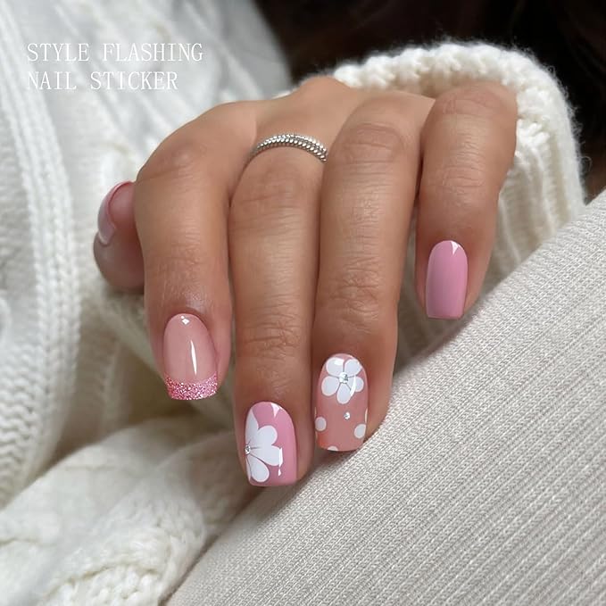 JMEOWIO Gel Nail Stickers French Tip Pink White Flower Semi Cured Gel Nail Strips Wraps UV/LED Nails Art Design Decoration Accessories