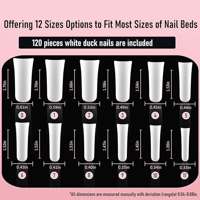 Duck Nail Tips 120Pcs XXL White Duck Feet Nail Tips Extra Long Duck Nails Y2K Press on Nails 12 Sizes Full Cover Acrylic False Nails for Manicure Salon and Home DIY