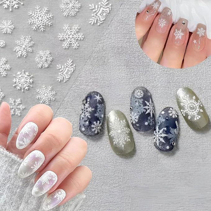 30 Sheet Christmas Nail Art Stickers with 3D Self-Adhesive Snowflake Design for Winter Nail Decals and Elk Themed Art. White Design for Women