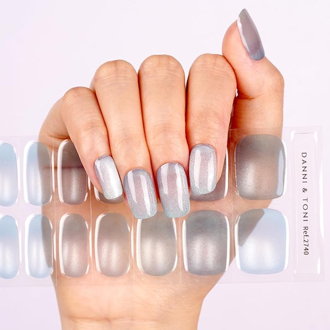 DANNI & TONI Semi Cured Gel Nail Strips Soft Blue Ombre (Ocean Crystal) Cat Eye Gel Nail Wraps 28 Stickers