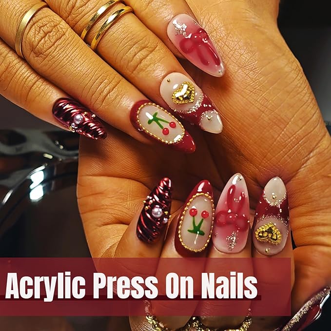 Handmade Acrylic Press On Nails Almond, Red Press On Nails Medium, Ombre Blush 3D Nails Red Chrome Cherry Bow Heart For Women Gift, Reusable Stick On Fake Nails Kit With Nail Glue(Crimson Cutie-L)