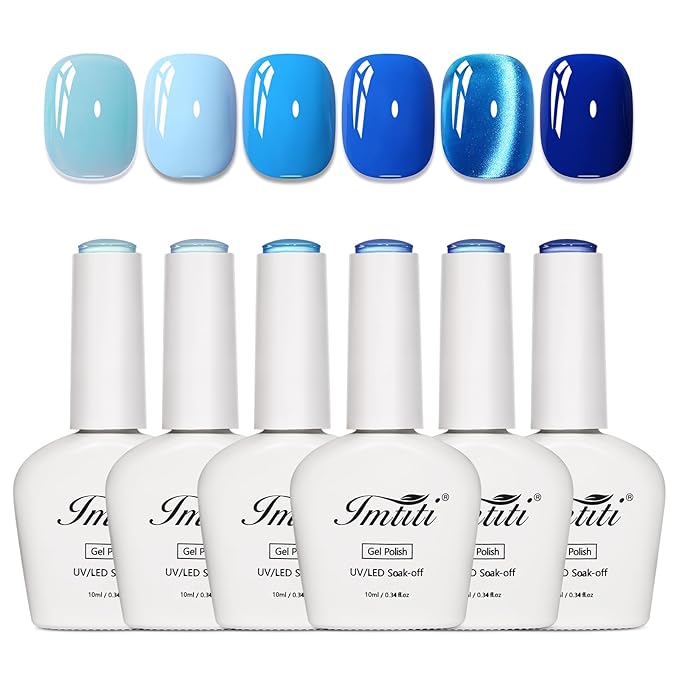 Imtiti 6 Pcs Gel Nail Polish Set, Large Capacity 10ml Same Color Same Bottle Cap Gel Polish Set,Navy Blue Long Lasting UV/LED Soak Off Nail Art Manicure Salon DIY at Home,Cat Eye Blue(10ml*6)