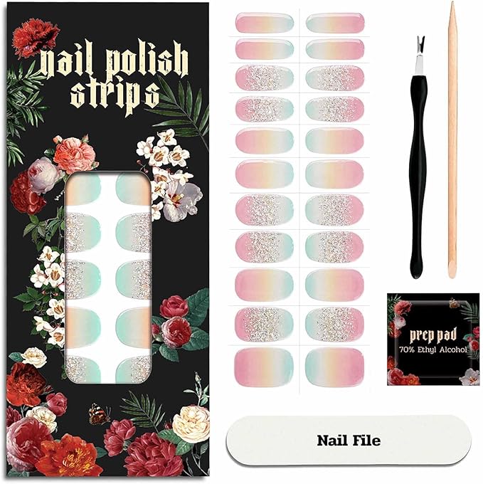 Nail Polish Strips (No UV Lamp Needed) - 22 Pcs Salon Quality Gel Nail Stickers - Long Lasting Wraps (Rainbow Basket Blue&Yellow)