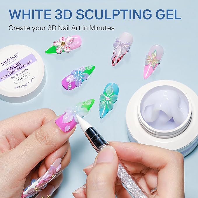 MIZHSE White 3D Sculpting Nail Gel and 9 Mermaid Colors Ombre Patting Gel Polish Kit，3D Nail Art Soak Off U V Painting Gel Set with Sponges, for Nail Art DIY