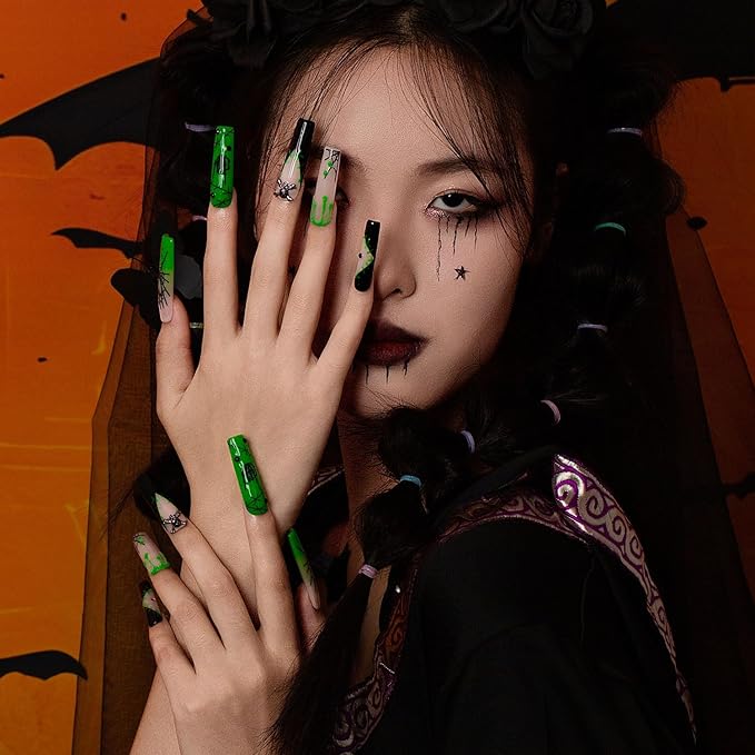 LOVFUL Press on Nails Halloween Luminous Lurker | Glow in the Dark | Handmade with Full Covered Crystals | Reusable Fake Nails | Square Mid length 1.7in | H339-S