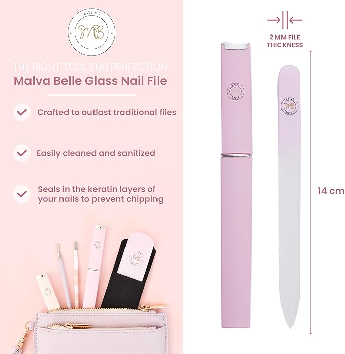 Malva Belle Best Crystal Glass Nail File for Women - File & Travel Case Set - Heavy Duty for Natural Nails, Gel - Professional Nail Shaper – Nail Care Essentials - Pastel Lilac 2mm