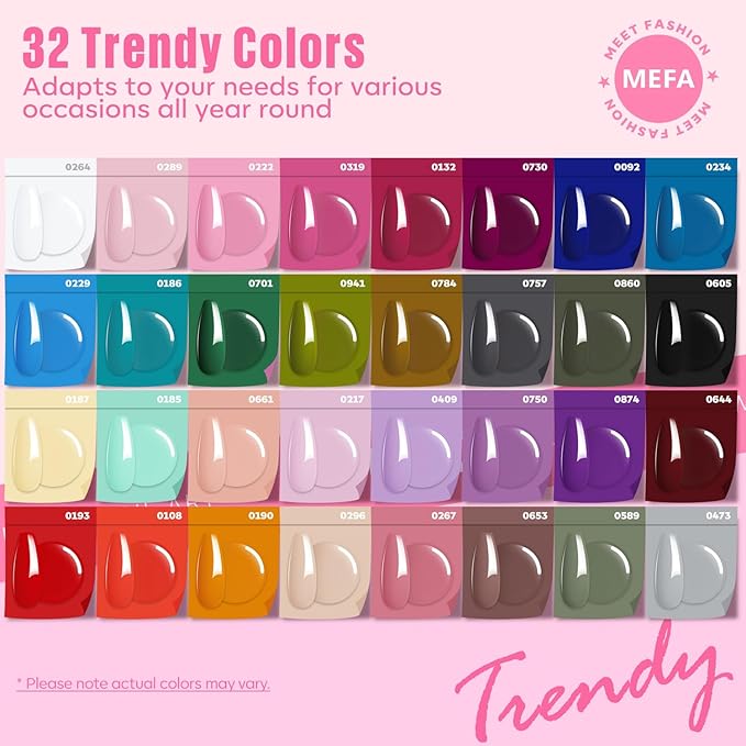 MEFA 32 Colors Gel Nail Polish Kit with U V Light, 54 Pcs Nude Pink Popular Gel Nail Polish Starters Set with Matte/Glossy Base Top Coat Essential Manicure Tools Nails Art Decorations Salon DIY Gifts