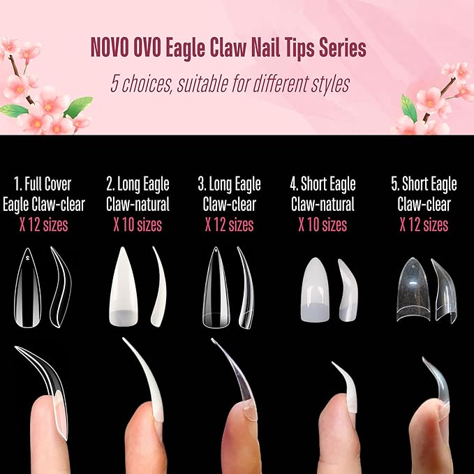 NOVO OVO Halloween 500 pcs Half Cover Hawk Curved Raptor Eagle Claw Extra Super Extreme Deep Curve Stiletto False Nail Extension Tips Natural Color Acrylic Nail 10 Sizes for Art Salon In Bag