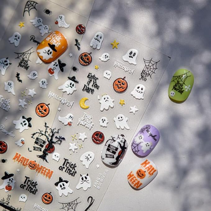 Halloween Nail Stickers 3D Self-Adhesive Cute Ghost Haunted House Nail Art Stickers Pumpkin Spider Web Nail Decals Moon Star Nail Designs Holiday Nail Art Decoration for Women Girls Manicure 1 Sheet