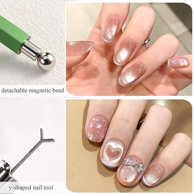 3-in-1 Cat Eye Nail Magnet Tool with Heart Magnet, Double-Ended Cylindrical & Ball Magnets for Cat Eye Gel Polish Glass Bead Nail Effects Manicure Supplies imanes para uñas (Green)