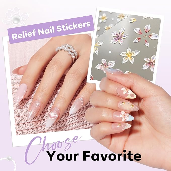 modelones Gel Polish Nail Stickers, 3D Embossed Floral Self-Adhesive Nail Decals, Butterfly&White Elegant Lace Flowers Petals Nail Art Design for Spring Summer Manicure DIY Nail for Women & Kids 5Pcs