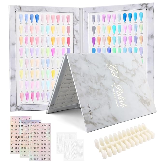 160 Nail Color Book with 240 Flase Tips & 1-200 Number Sticker Labels, Professional Nail Color Chart Display Book Sample for Nail-Gel-Polish
