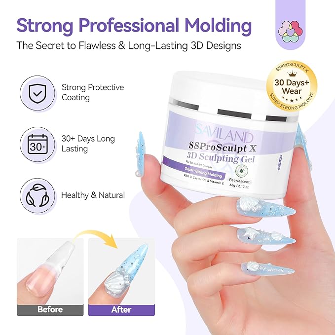 SAVILAND Pearl Solid 3D Nail Gel for Wedding Nails: Ultra Strong Molding Sculpting Nail Gel 2.12 oz Pearlescent Molding Gel No Stciky Nail Gel Nail Carving Professional Use Salon