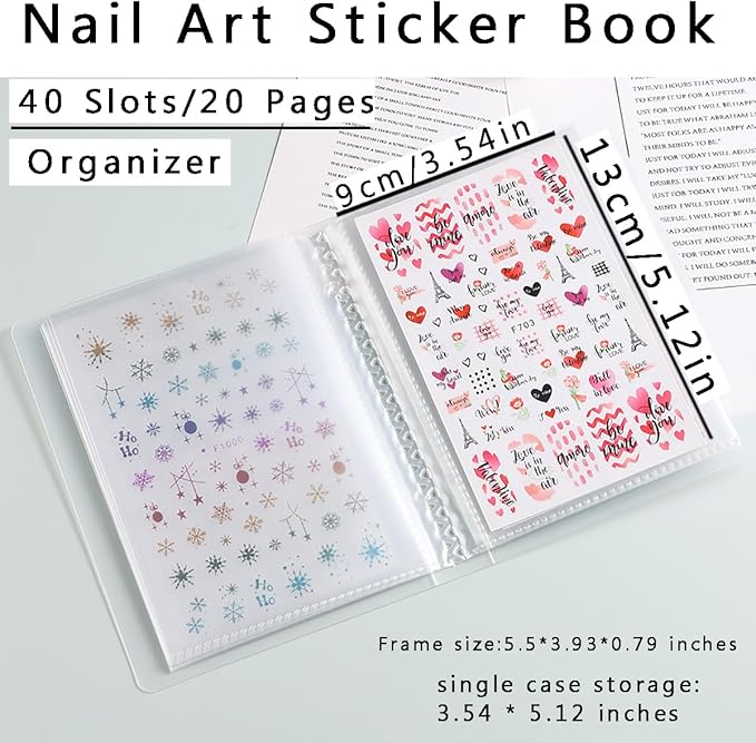 1Pcs 40 Slots Transparent Stickers Storage Book, Nail Sticker Organizer for Decals Collecting, Empty Display Book Collecting Holder Binder Case, Sticker Storage Album DIY Nail Art Tools