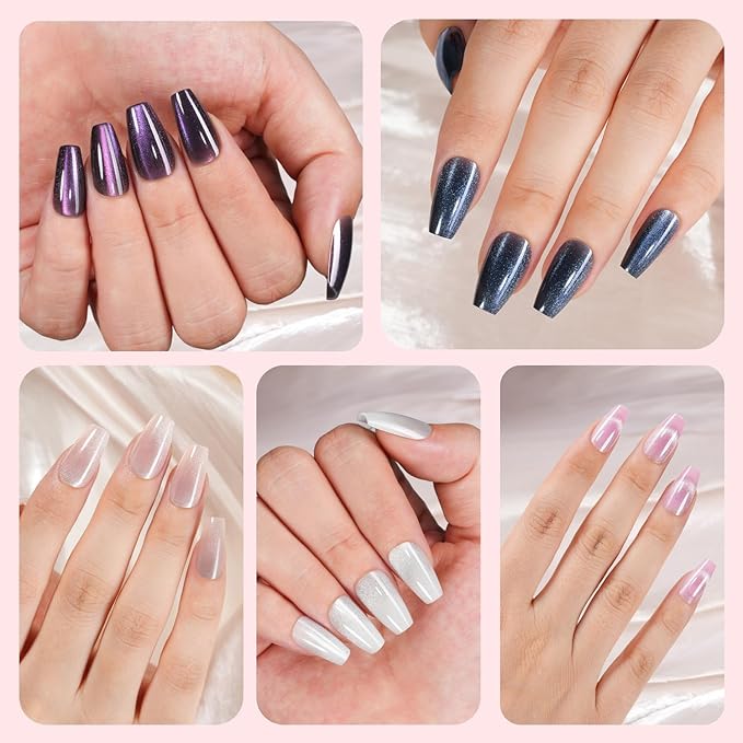 150Pcs Cat Eye Press on Nails, Plauva Short Coffin Fake Nails, Glossy Glitter Cat Eye Nail Tips, Soft Gel Stick On Nails for Women and Girls 15 Sizes