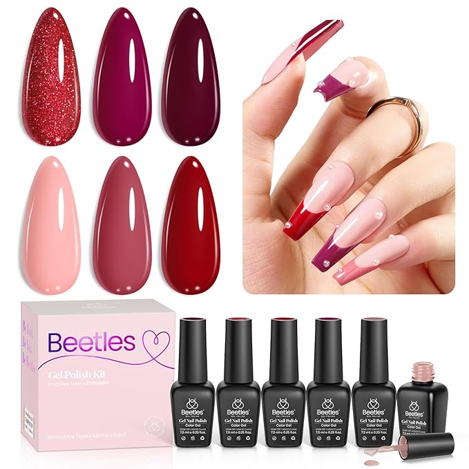 Beetles Red Gel Nail Polish, 6 Colors Burgundy Nude Red Glitter Gel Polish Marvelous Lady Collection Nail Art Design Fall Winter Soak Off Uv LED Nail Polish Manicure DIY Home Salon