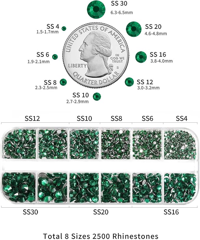 Beadsland Rhinestones for Makeup,8 Sizes 2500pcs Green Flatback Rhinestones Face Gems for Nails Crafts with Tweezers and Wax Pencil,Emerald,SS4-SS30