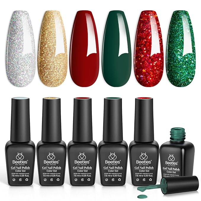 Beetles Valentines Gel Nail Polish, Red Sparkle Green Glitter Gold Silver Gel Polish Dark Red Gel Polish Kits Soak Off Nail Lamp Uv LED Cured for Nail Art Design Gift for Women