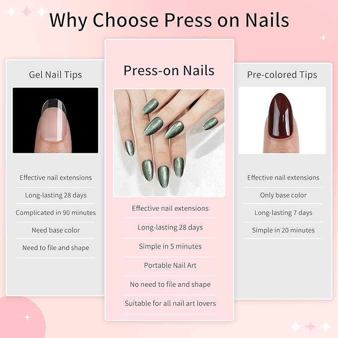 Green Almond Cat Eyes Press On Nails,12 Sizes - 24 Pcs Soft Gel Blackish Green Medium Fake Nails Kit with Nail Glue, Natural Reusable Stick On False Nails for Women and Girls SK1027