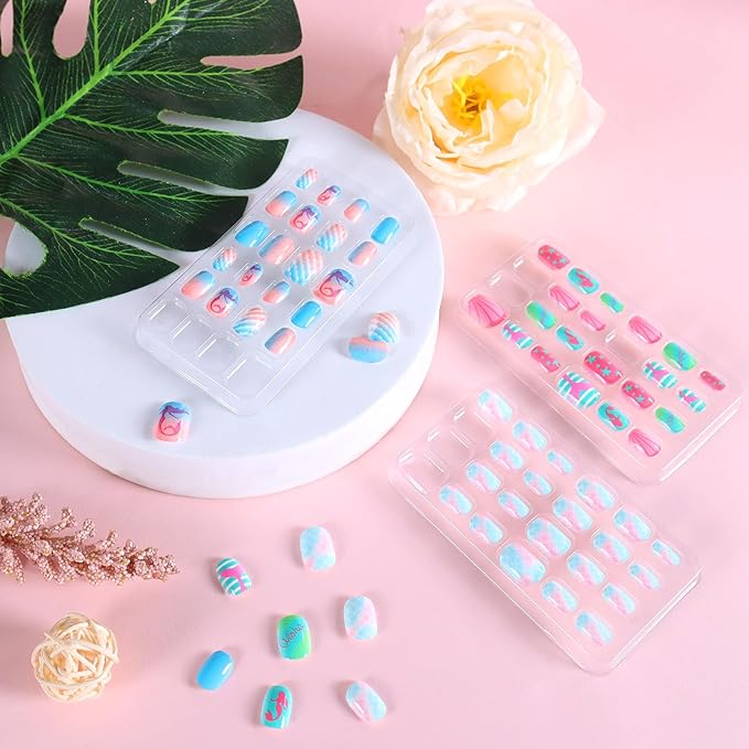 Laza 72pcs Children Nails Press On Pre-glue Full Cover Mermaid Pink Green Blue Scale Shell Short False Nail Kits for Kids Teenager Girls - Mermaid’s Dream